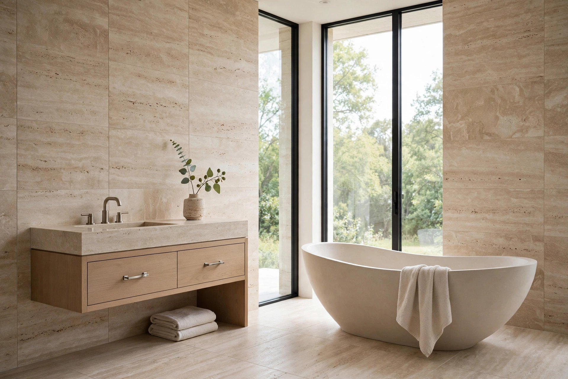 Serene stone bathroom with freestanding tub, designed by Ramos Interiors