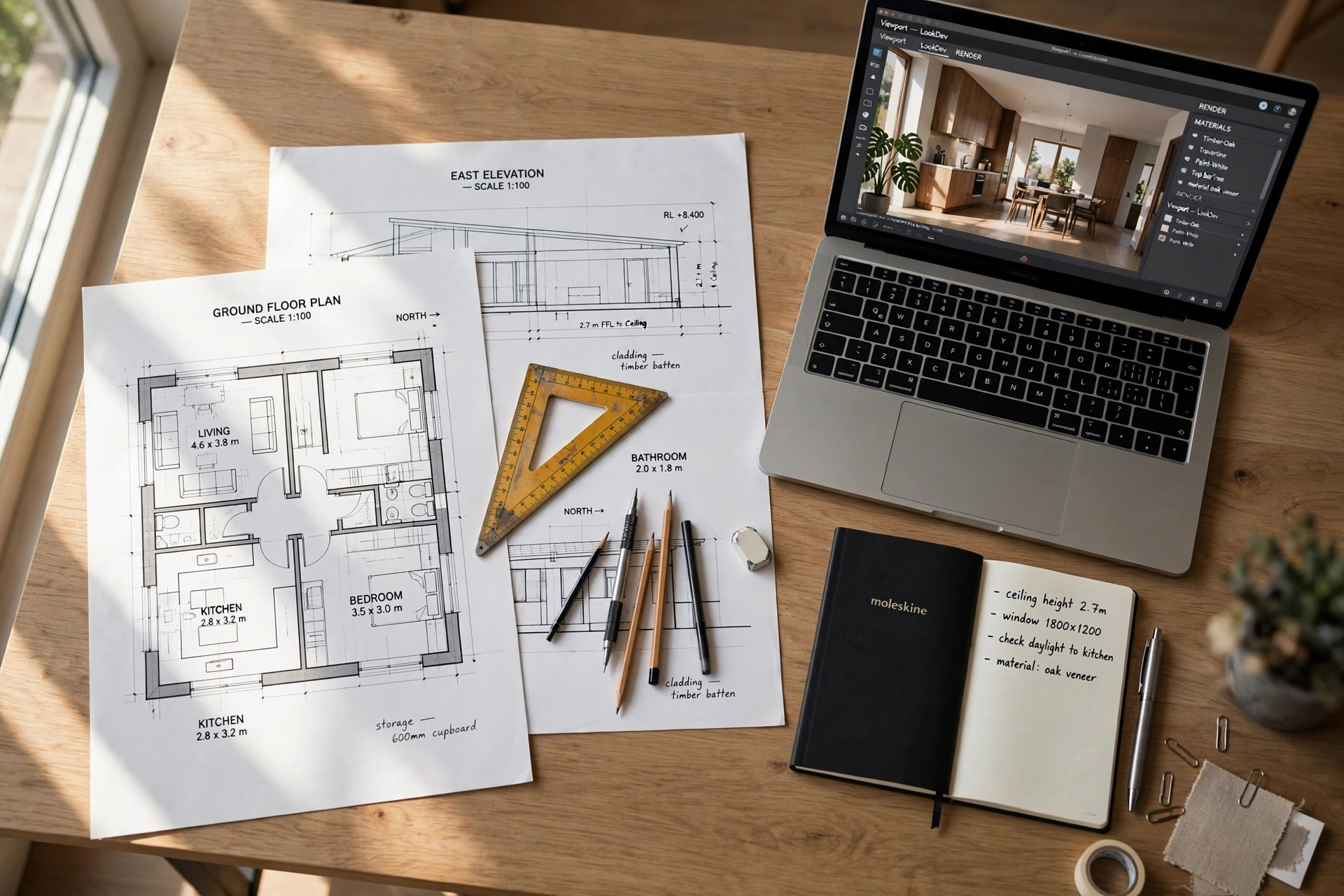 Architectural drafting: floor plans, elevations, and 3D visualization