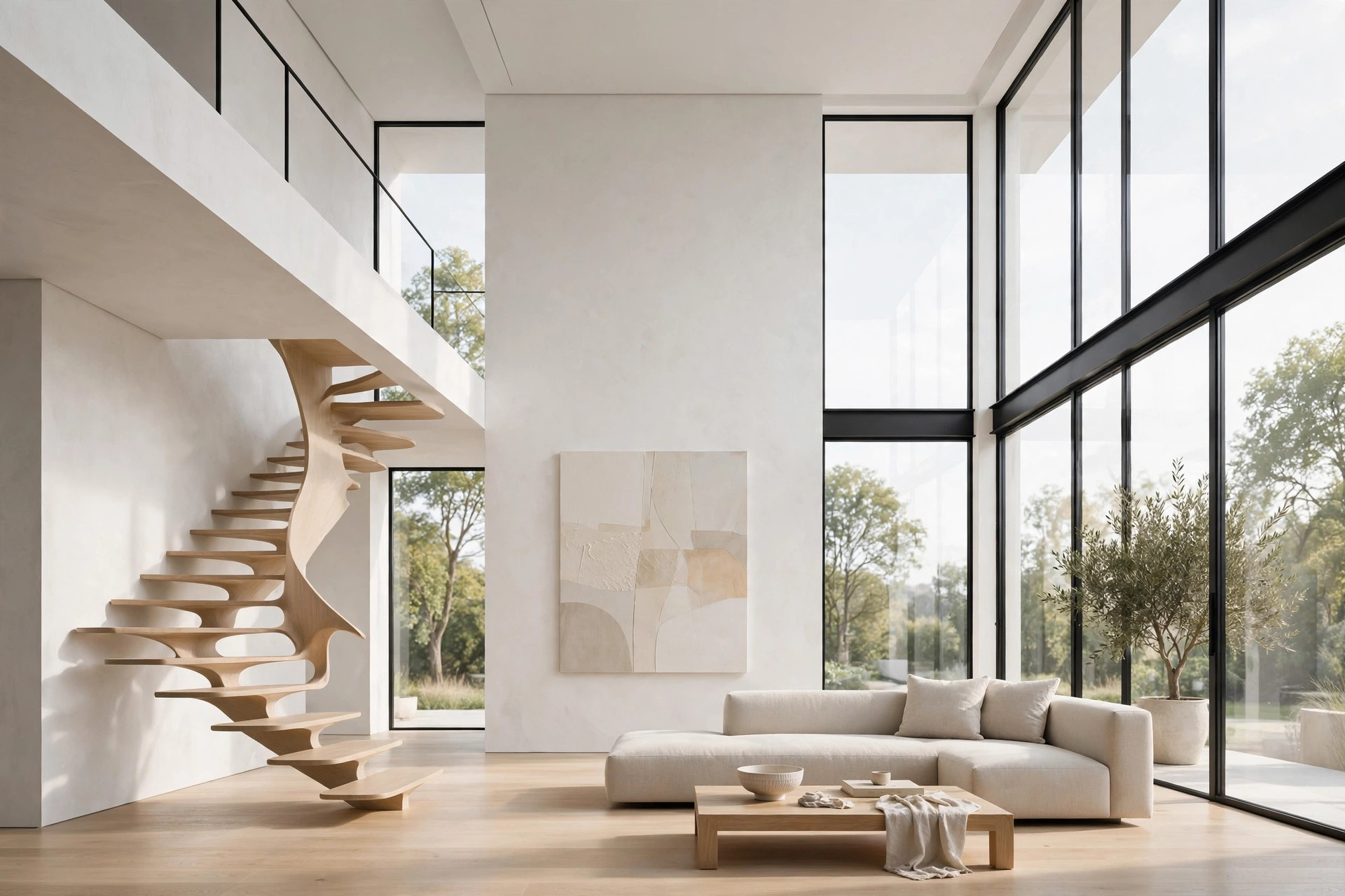 Bright double-height living space with floor-to-ceiling windows, designed by Ramos Interiors