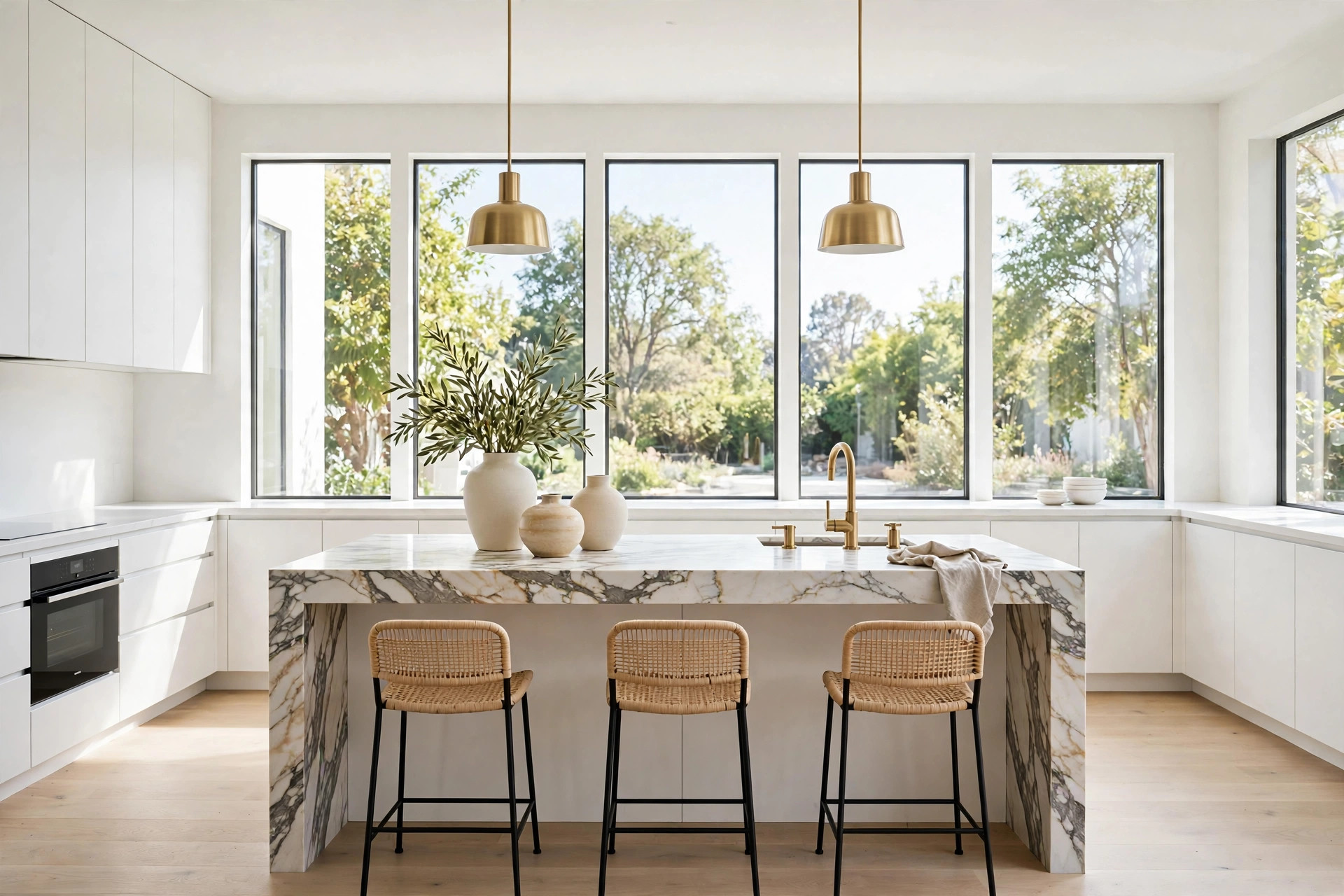 Modern kitchen with marble island, designed by Ramos Interiors